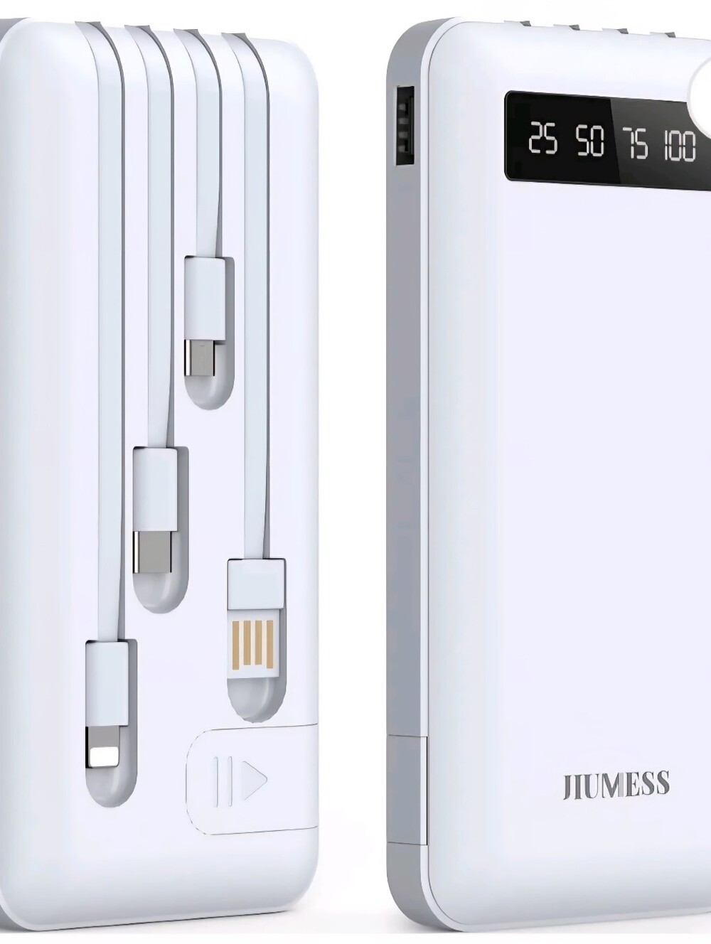 Black Portable Power Bank with Built-In  Multi-Connector Cables and LED Display